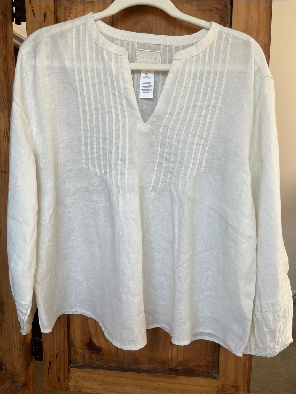 Sigrid Olsen Cream Linen Pintuck V-Neck Long Sleeve Shirt Large NWT